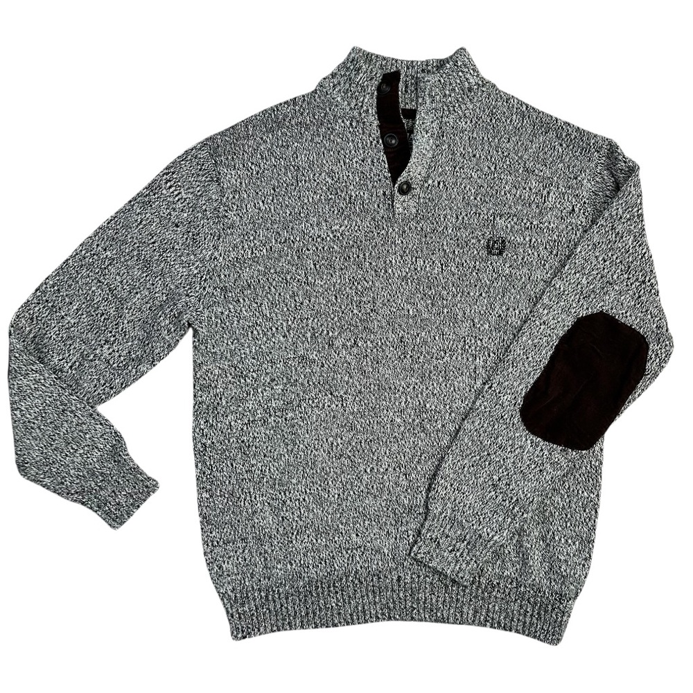 CHAPS Men’s Pullover Sweater 1/4‎ Button Mock Neck Corduroy Patches Blk/Wht L